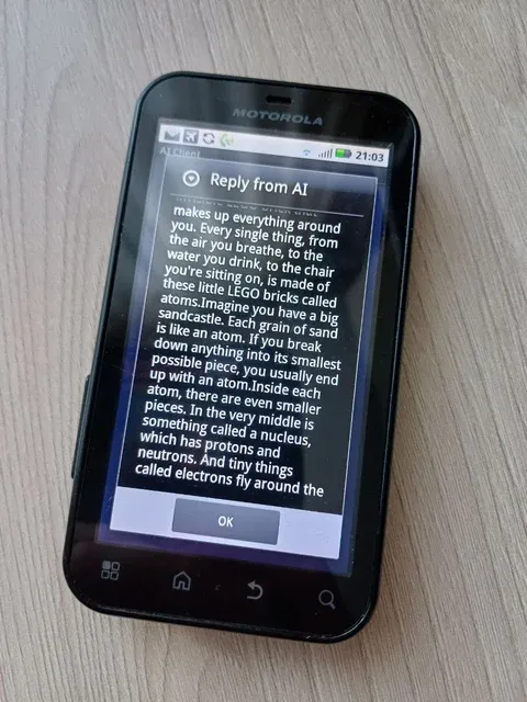AlertDialog on real Froyo hardware showcasing AI response after prompt