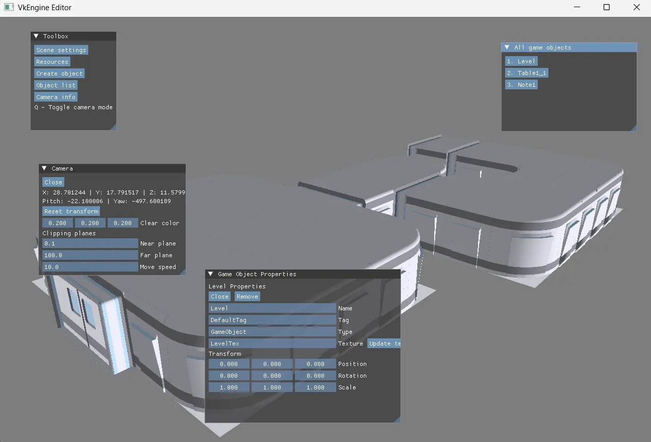 Editor window with toolbox panels